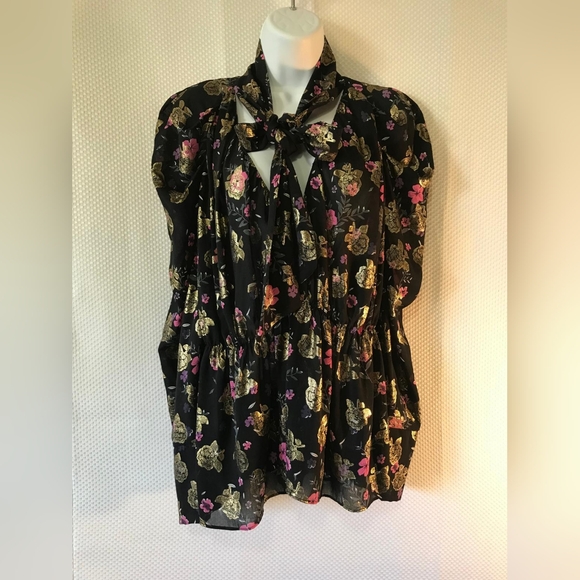 ZARA XL Black Gold Pink Floral Metallic Tie Neck Blouse Puff Sleeve Evening Top - Picture 2 of 8